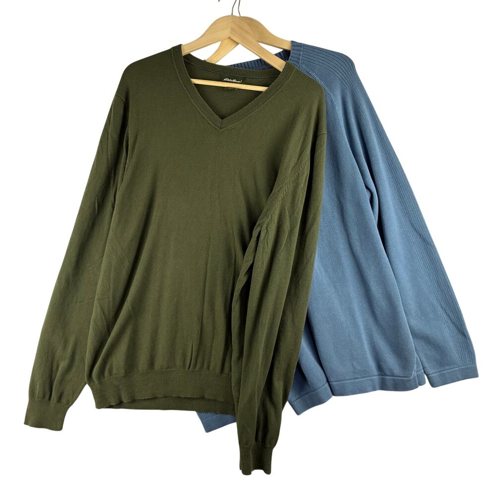 Lot of 2 Eddie Bauer Sweaters Men’s Large Tall Slate Blue Green Cotton Cashmere
